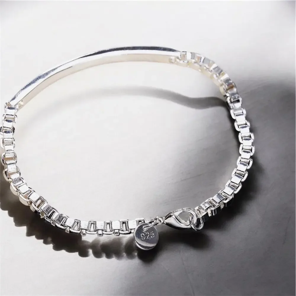 925 Stamped Silver Plated Bracelet Unisex Classic Strip lattice chain 20CM - Picture 3 of 5